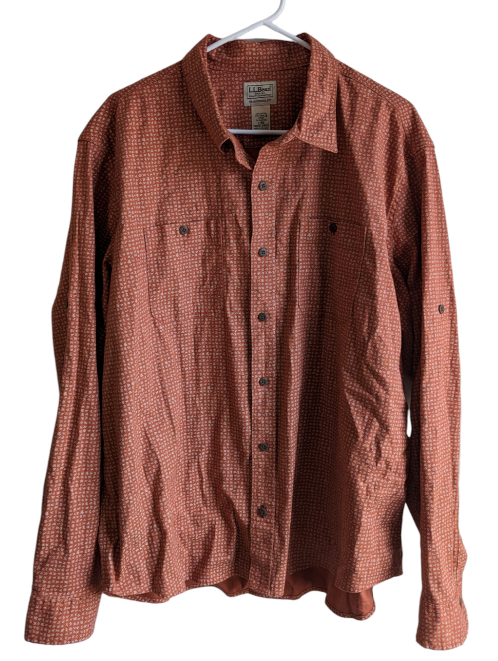 L.L. BEAN Mens Orange Lakewashed Camp Button Down Shirt Traditional Roll Tab Lg